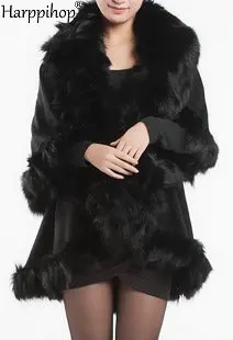 Женская шаль из натурального Лисьего меха, Дамское пончо, пальто, дамский плащ, зимняя накидка, теплые палантины черного цвета, большие размеры