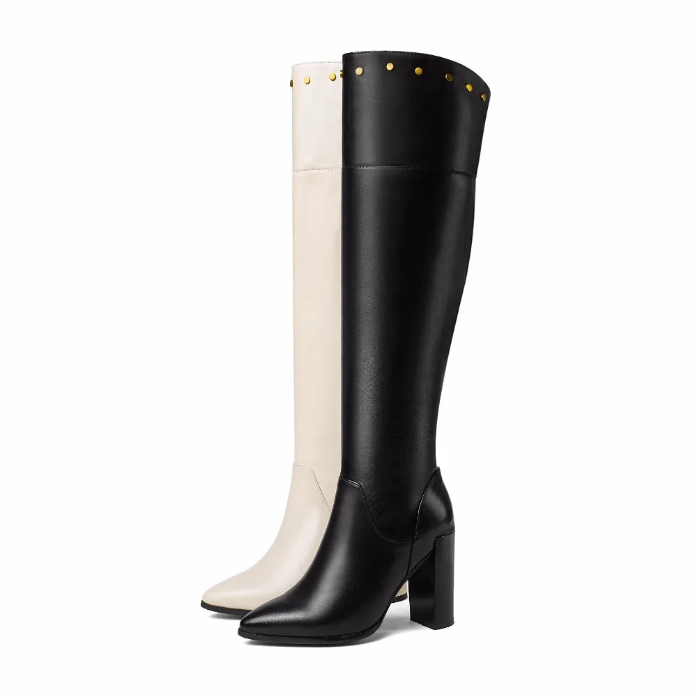 Couleur Talons Super Bout Noir Haute En Noir Cuir Zipper Film Étoiles Lenkisen Femmes Bottes À Du Blanc Solide Hauteur De blanc L45 Genou Pointu Vache Mode A8qwEYw