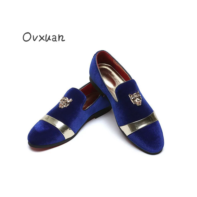 Em Deslizamento Homem Ocasional Apartamentos Metal Sapatos Tigre Preto Moda Noiva Do Veludo Homens Mocassins Vestido Cara Ouro De vermelho Fivela azul Festa Ovxuan wXxqg0Pfy