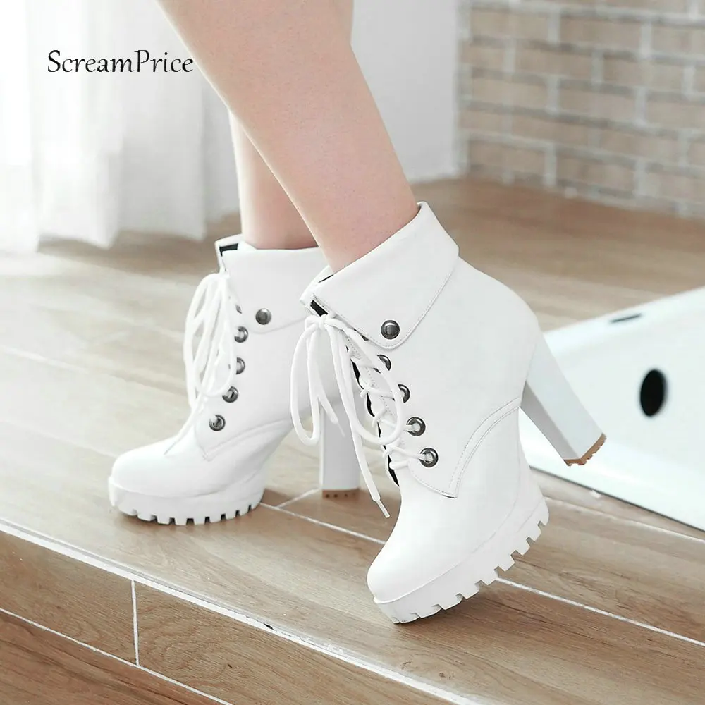 Women Platform Boots Soft Pu Leather Ankle Boots Fashion Lace Up Square High Heels Boots Autumn Winter Plus Size Shoes 2018 New Women Platform Boots Soft Pu Leather Ankle Boots Fashion Lace Up Square High Heels Boots Autumn Winter Plus Size Shoes 2018 New
