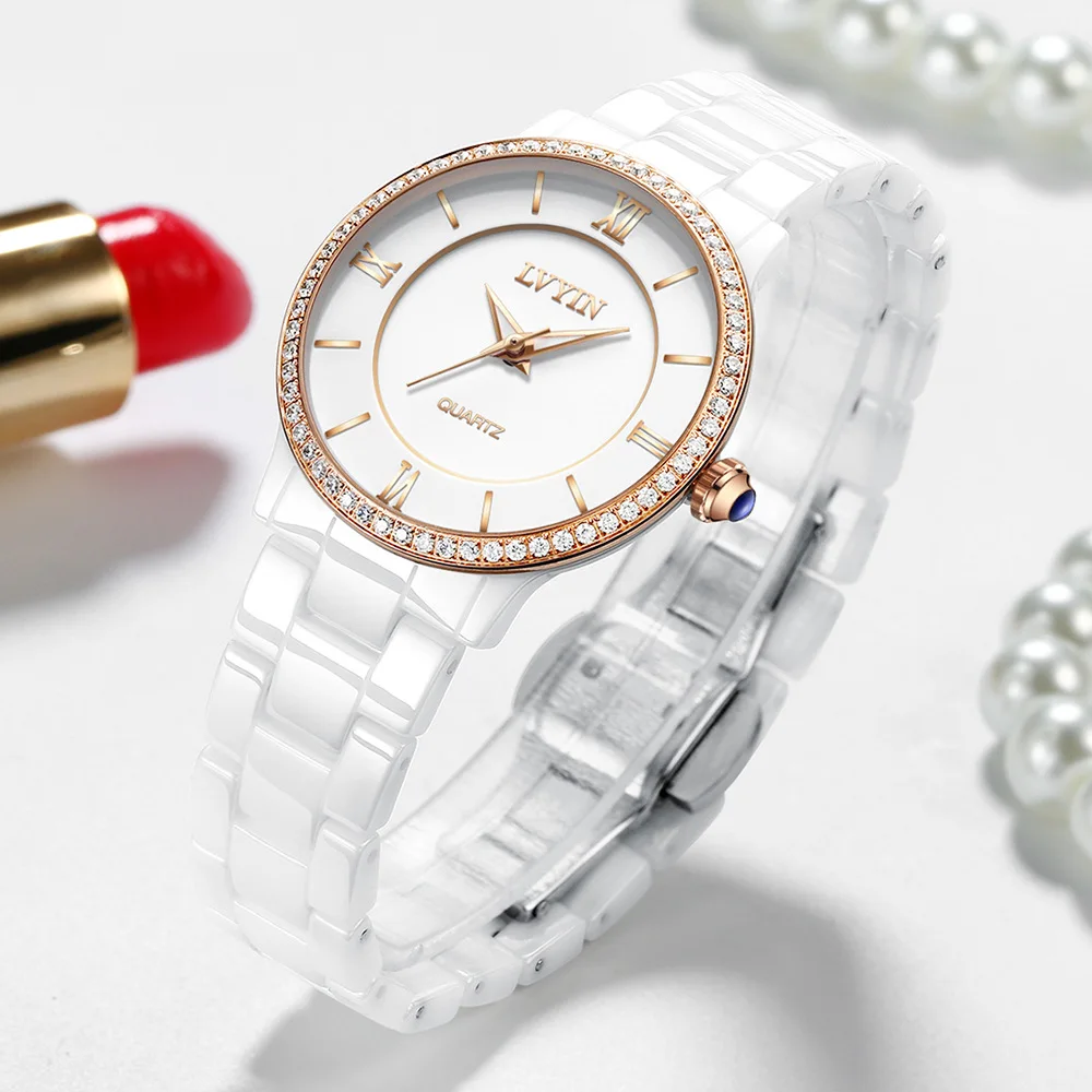Lvyin Брендовые женские часы водонепроницаемые кварцевые женские наручные часы с бриллиантами роскошные женские керамические часы белое золото серебро