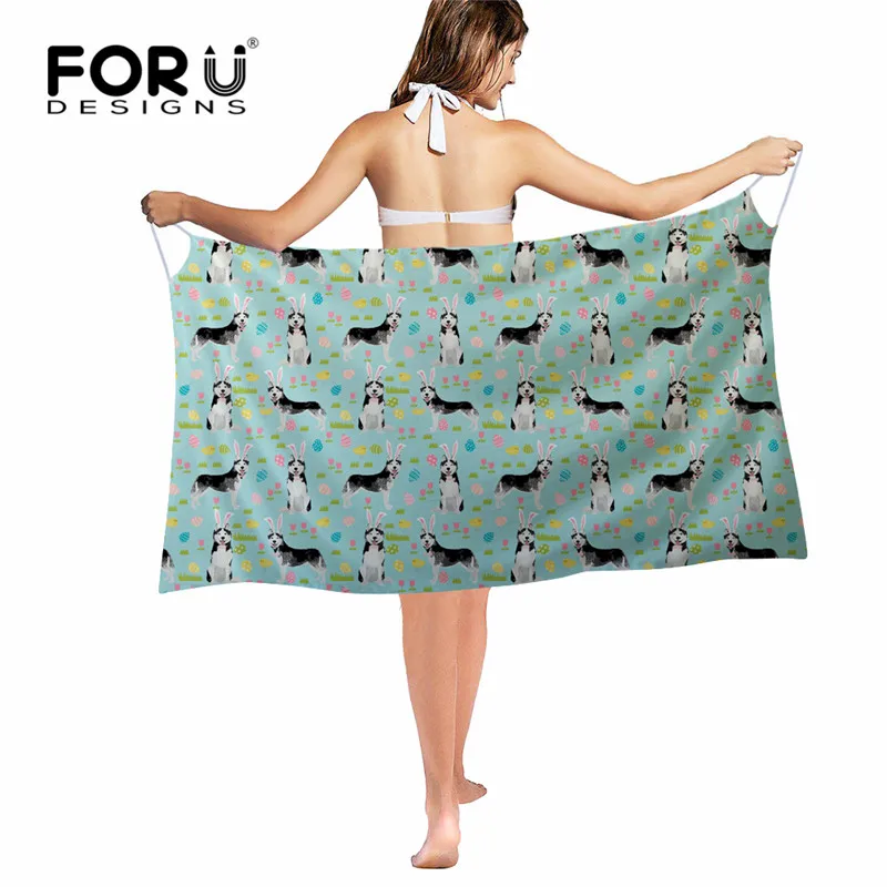 

FORUDESIGNS Luxury Brand Long Soft Foulard Shawl Scarf Woman Cute Husky Printed Silk Beach Towel Sexy Swimwear Bikini Thin Capes