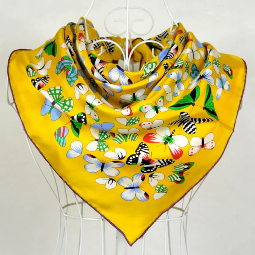 [BYSIFA] сине-белый шелковый шарф, Женская шаль, китайский стиль, классические цветы, шелк, саржа, квадратные шарфы, шарфы для весны и осени - Цвет: yellow