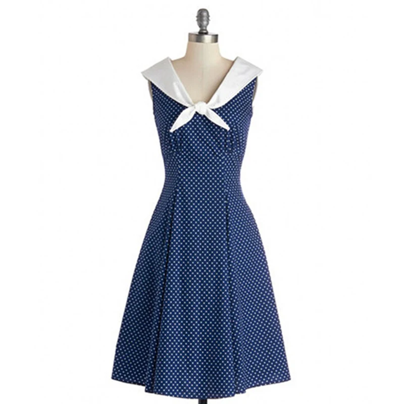 blue polka dot dress with white collar