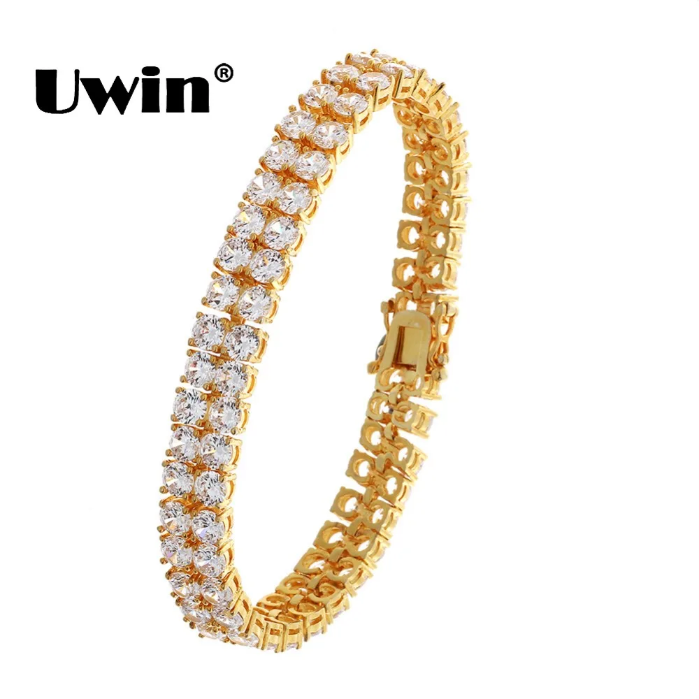 Uwin AAA CZ кубический циркон 2 ряда теннисные звенья браслет золотой серебряный цвет Роскошная застежка браслет в стиле хип-хоп ювелирные изделия Прямая