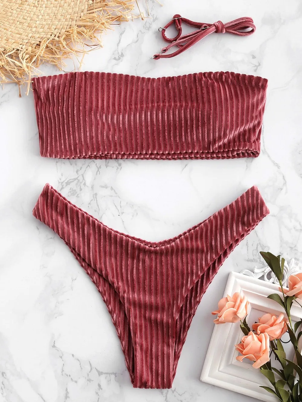 

Women Velvet Ribbed Cami Bikini Set Two Pieces Swimsuit Low Waist Bikini Women Bathing Suit biquini Beach Wear Bathing Suit