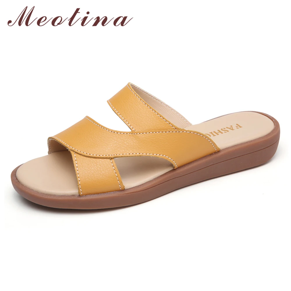 

Meotina Summer Slides Women Shoes Cow Leather Flat Platform Footwear Casual Open Toe Slippers Lady Sandals White Yellow Size 5-9