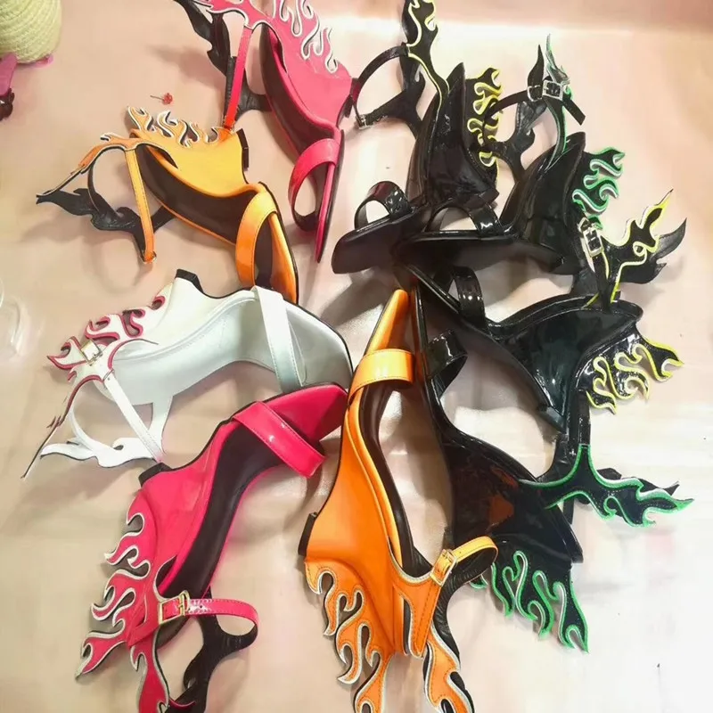 

2019 Luxury New Wedge Women Sandals Flame Heels Patent Leather Fashion Mixed Color Shoes Women Peep Toe Party Dress Shoes Women