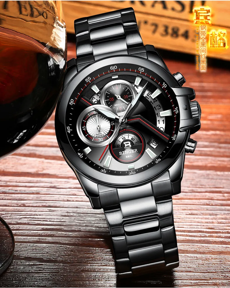 BINGER роскошные часы с автоматической датой, мужские водонепроницаемые стальные мужские часы, модные модельные деловые дизайнерские кварцевые часы с кожаным победителем