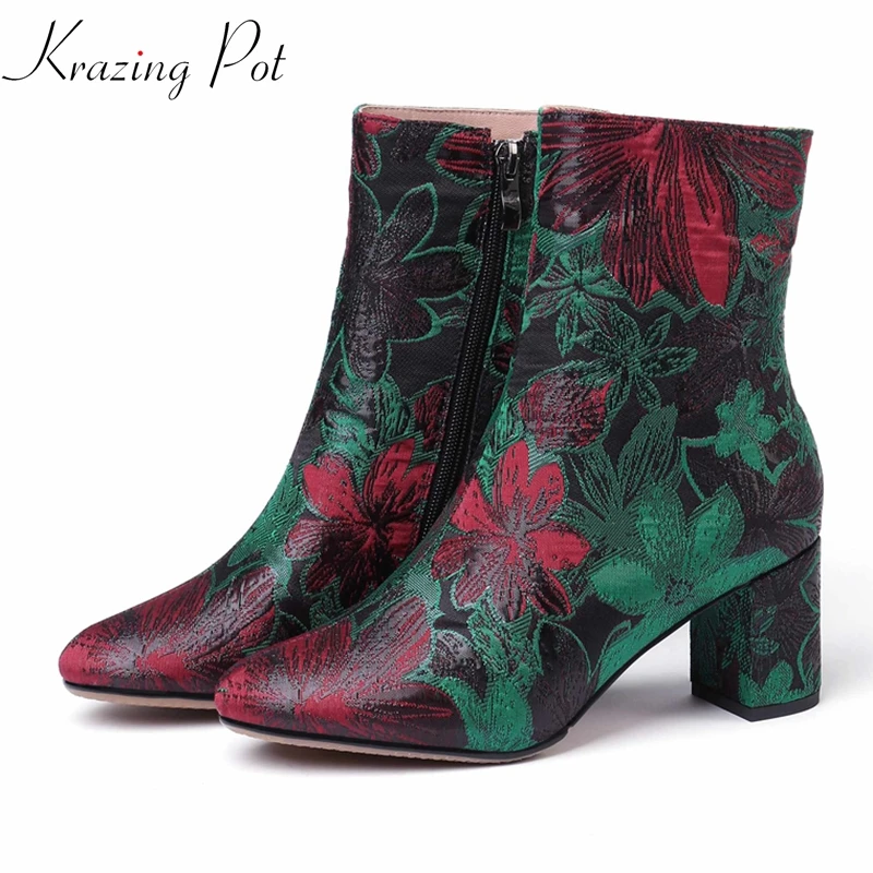Krazing pot/Новые Зимние ботильоны «Челси» с круглым носком, на молнии, с вышитыми цветами, на высоком каблуке, роскошного дизайна в европейском стиле; большие размеры; l2d