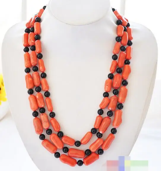 

song voge gem nanJ1474 3row pink cylinder coral black agate bead necklace