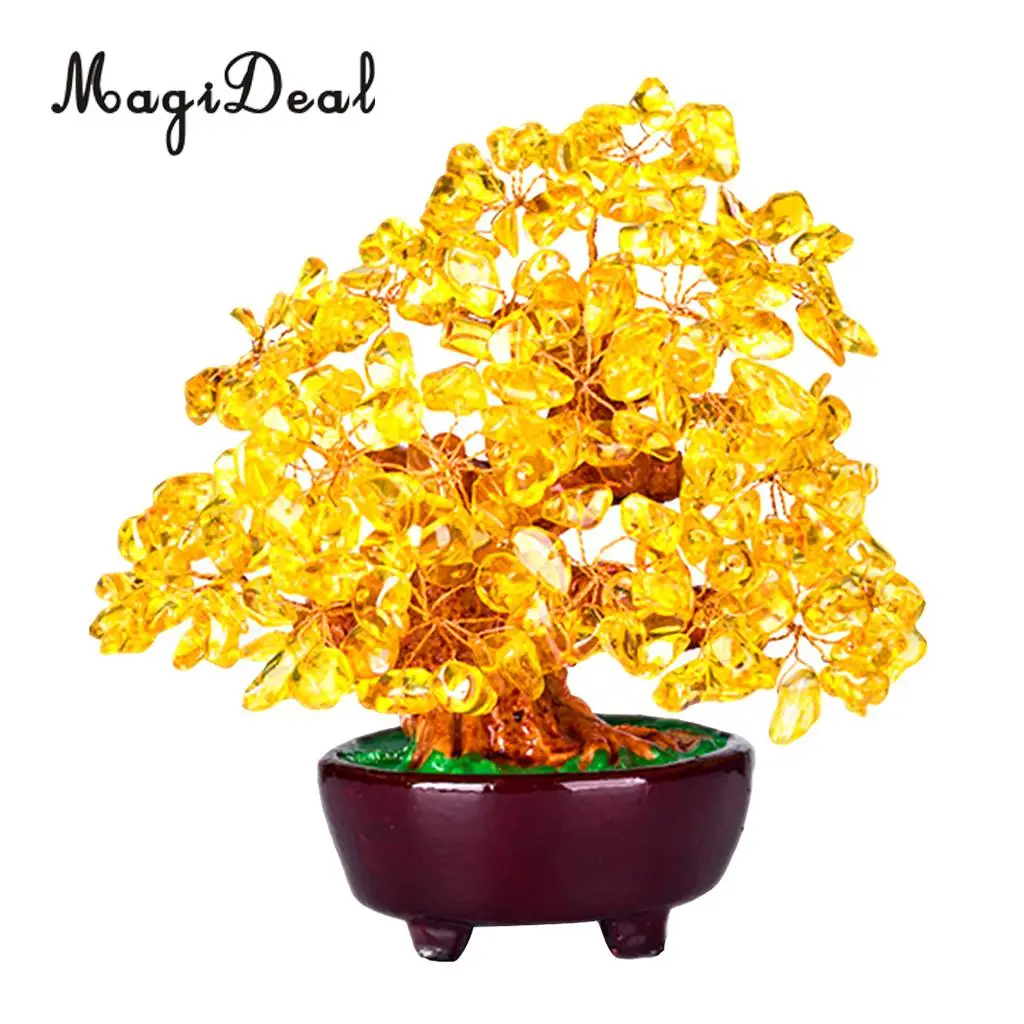 7'' Natual Crystal Money Tree Bonsai Style Feng Shui Wealth and Luck Tree -Yellow