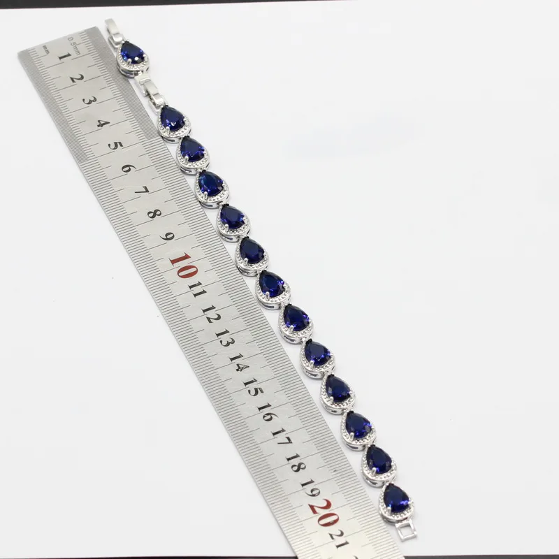 925 серебряный цвет Ювелирные наборы для женщин капли воды синие камни Белый CZ браслет серьги ожерелье кулон кольца