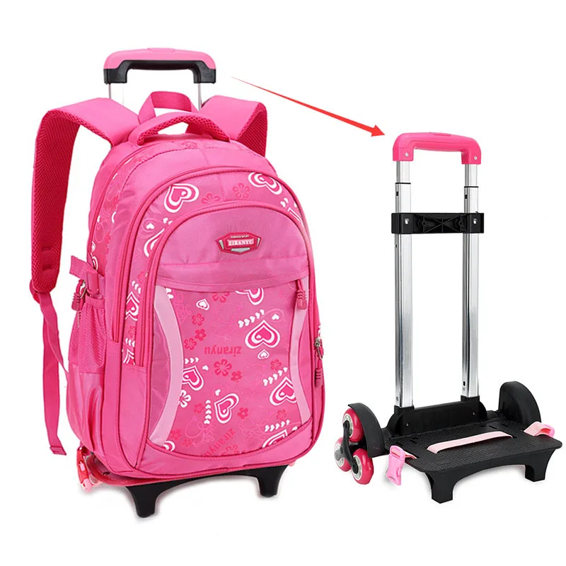 Трехколесный рюкзак на колесиках для детей, модная детская школьная сумка с узором в форме сердца, съемный рюкзак для девочек - Цвет: Красный