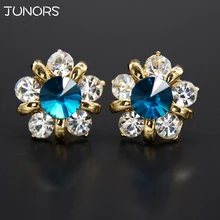

Blue Gem Shape Crystal Flower Plum element Stud Earrings For Women Girl Gold Color Elegant Earrings Jewelry For Wedding Date