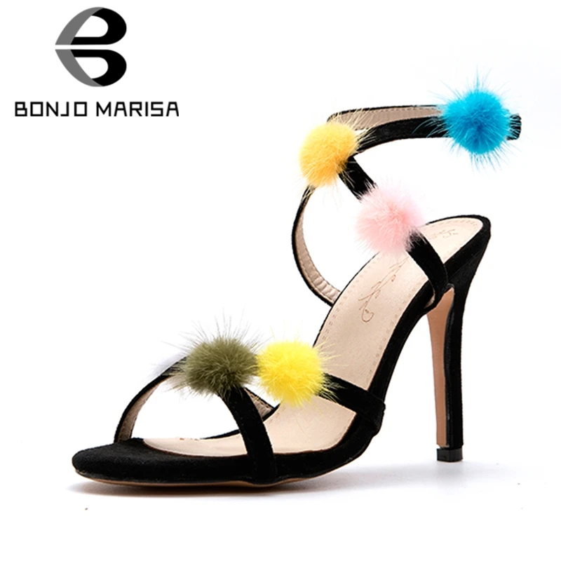 

BONJOMARISA 2020 New Plus Size 32-45 Sweet Hairball Decoration Sandals Women Summer Ladies High Heels Women Shoes Woman