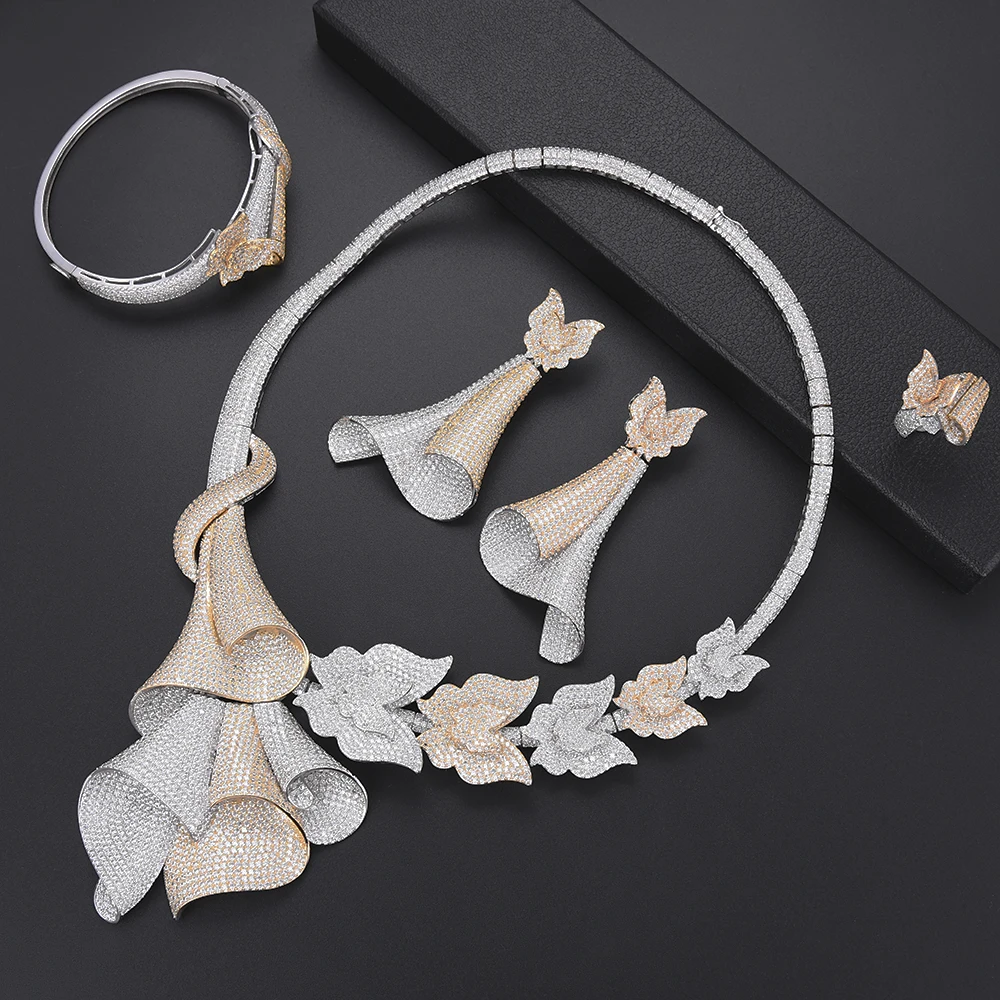 

missvikki Fashion Brand Handmade 4 PCS Women Wedding Jewelry Sets with Full Crystal Bangle Earrings Necklace Ring Jewellery