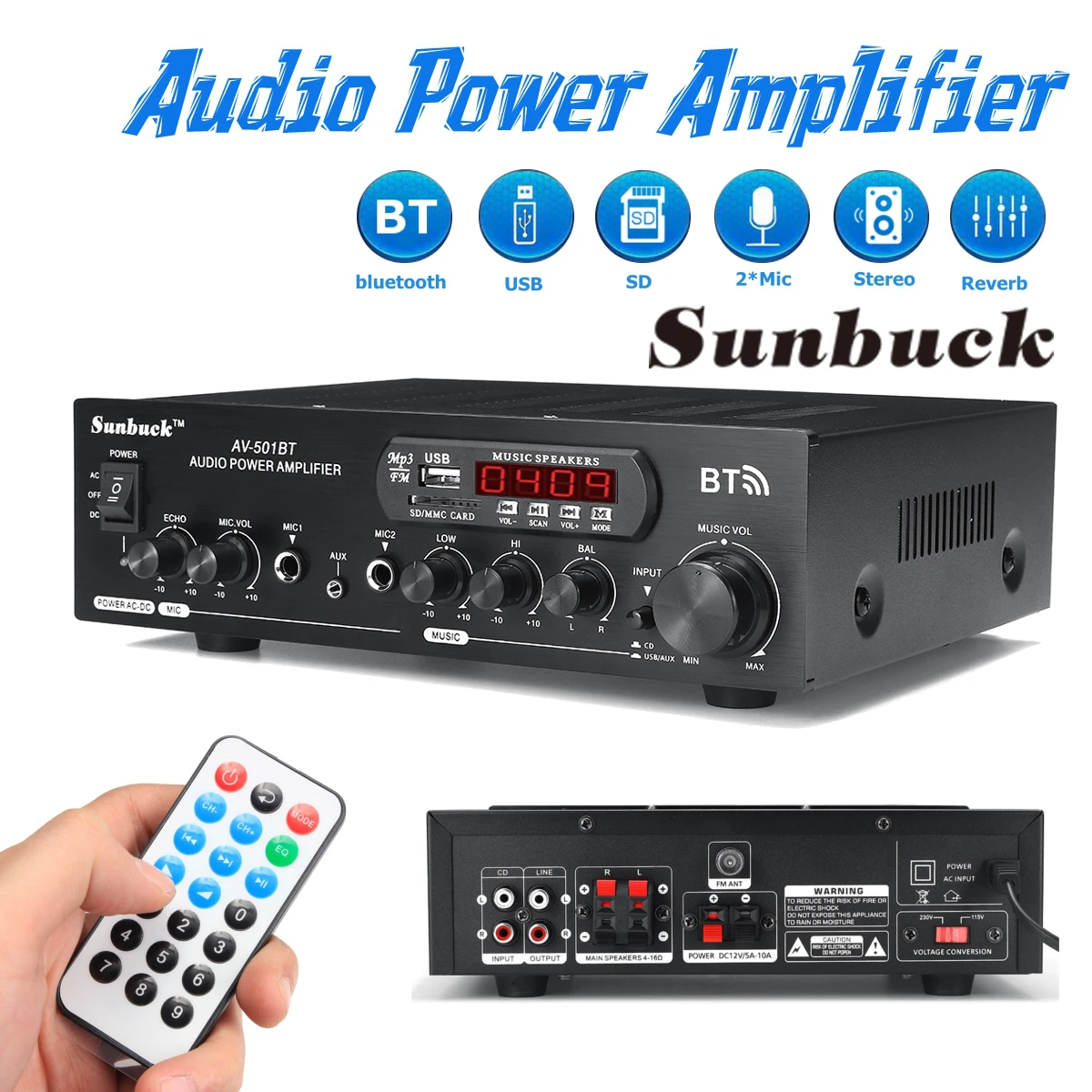 

2000W bluetooth Audio Power Amplifier Hifi FM 110V/220V DC 12V AUX input USB SD 2 Mic input for Car Home Theater DJ KTV