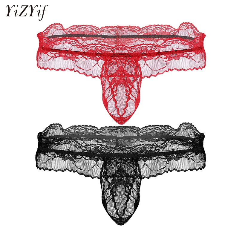 Yizyif Mens Sexy Lace Open Butt Thong Gay Panty G String Sissy Lingerie Ruffle Low Waist 