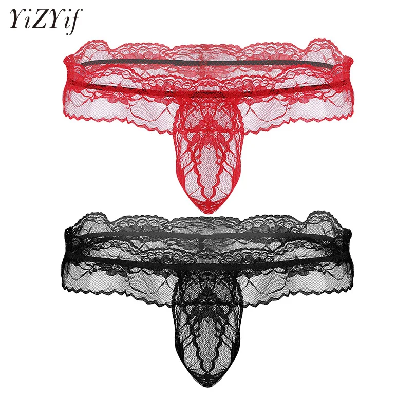 

YiZYiF Men's Sexy Lace Open Butt Thong Gay Panty G String Sissy Lingerie Ruffle Low Waist Crotchless Panties Sexy Underwear