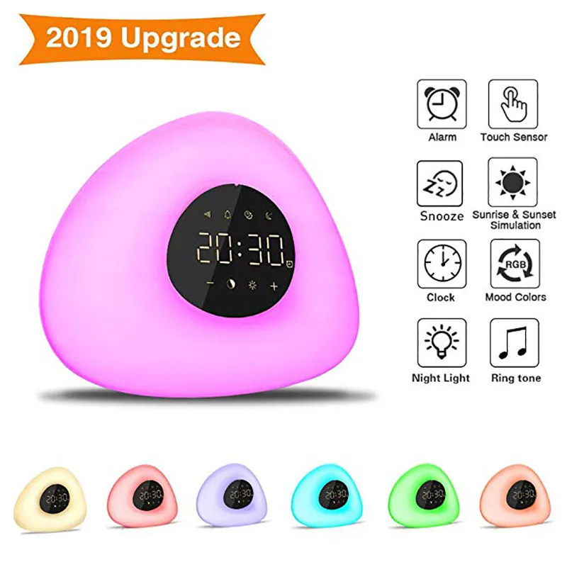

Wake Up Light Alarm Clock Sunrise Sunset Simulation 7 Color Light 10 Nature Sounds Touch Control with USB Charger for Bedrooms