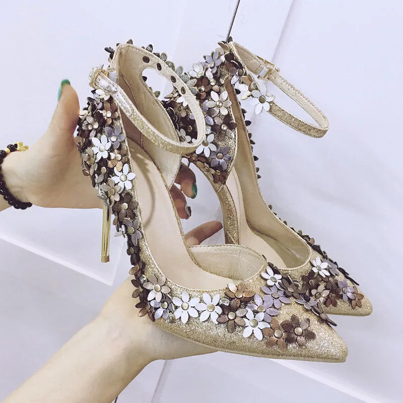 Choudory Designer Luxury Crystal Decorated Heel Women Pumps PU Leather High Heels Wedding Dress