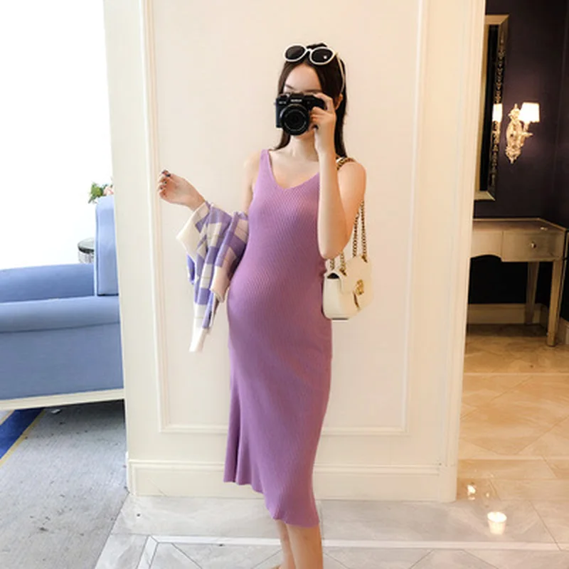 

2PCS/Set Maternity Plaid Cardigan + Slim Sling Knitted Maternity Dress for Baby Shower Autumn Winter Fashion Pregnncy Clothes