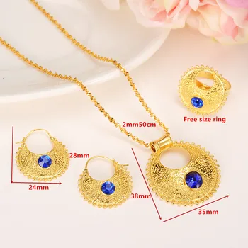 

Ethiopian Set Jewelry Pendant Earrings Ring Bangle 24 k Yellow Solid Gold FINISH CZ Green Blue Africa Bride Wedding Eritrea