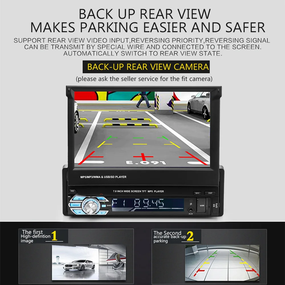 Retractable GPS Bluetooth Navigation Car MP5 Player Touch Screen Support Hands-Free Call Rear Camera FM Phone Charging