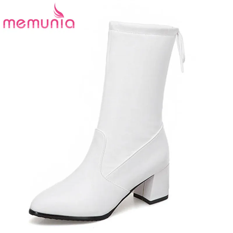 

MEMUNIA 2018 plus size 34-43 pointed toe mid calf boots lace up solid colors autumn winter boots women square high heels shoes