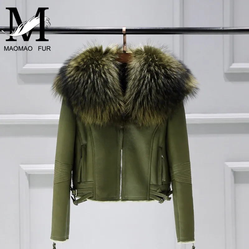 Women Real Sheep Fur Coat Winter Warm Fashion Genuine Merino Sheepskin Leather Jacket Natural Real Large Raccoon Fur Collar Coat