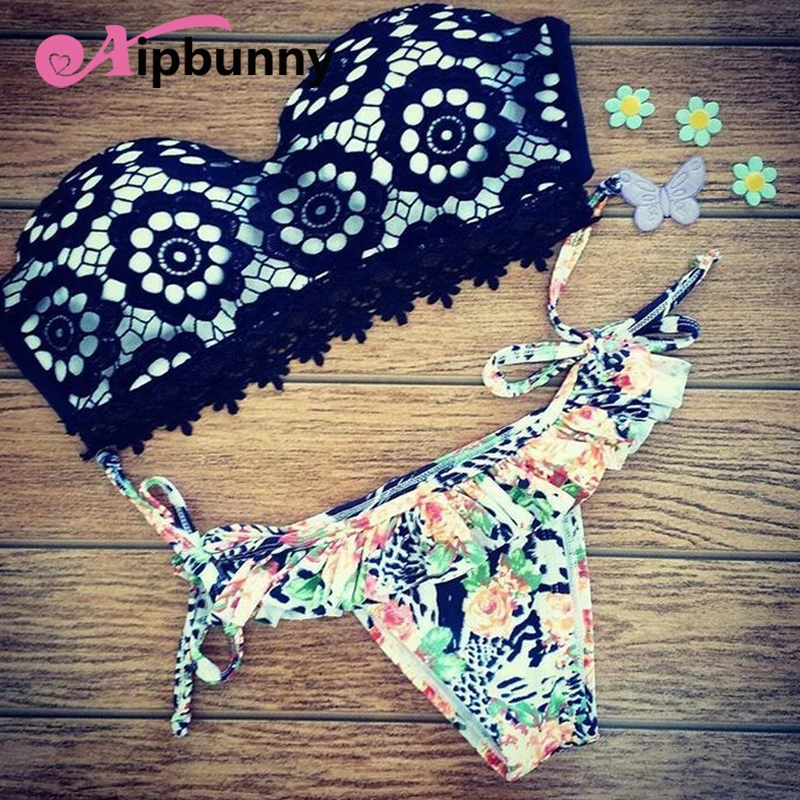 

Aipbunny Sexy Strapless Lace Bandeau Bikini Set Brazilian Halter Floral Swimwear Women's Tankini Bikinis Bathing Suit Swimsuit