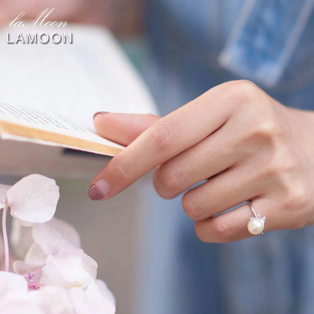 LAMOON Lovely Cat 925-Sterling-Silver Adjustable Rings 6mm Pearls S925 Fine Jewelry for Women Girls Gift Anti Allergy LMRY053