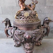 19 ''красный бронзовый резные дракон фу foo собака лев каждения кадило статуя