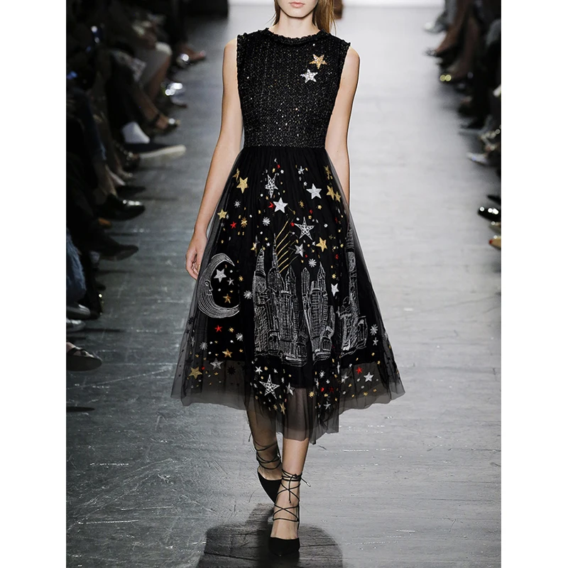 

Luxury Star Embroidery Mesh Splicing Sleeveless Party Dress 2019 Spring and Summer New Handmade Beaded Sequined Slim Dress