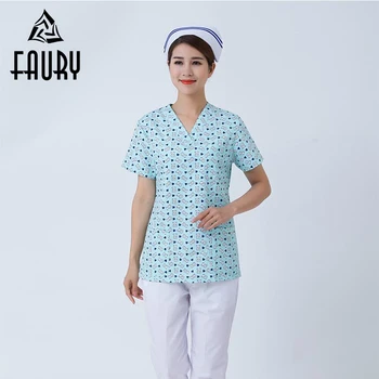 

Hospital Short Sleeve V-neck Uniforms for Nurse Doctors Printed Women Clothing Medical Surgical Lab Coats Beauty Dental Overalls