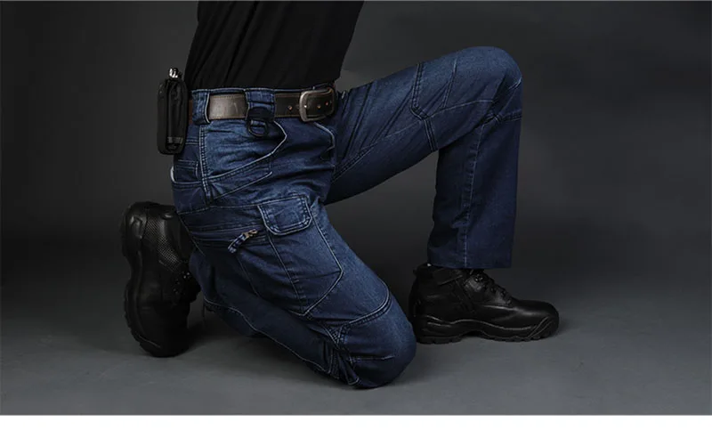 Mcikkny Men's Cargo Casual Jeans Pants With Multi-pockets Motorcycle Denim Trousers Military Style For Men's Outdoor Jeans Blue (10)