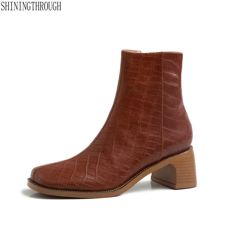 

New Arrival Women Square Toe High Heels Ankle Boots Autumn Winter Genuine Leather Boots Side Zipper Solid Shoes Woman