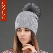 Double Deck Knitted Wool With Crystal Hats Female Big Real Raccoon Fur Cap Beanies Winter Warm Fashion Pom Poms Hat For Women