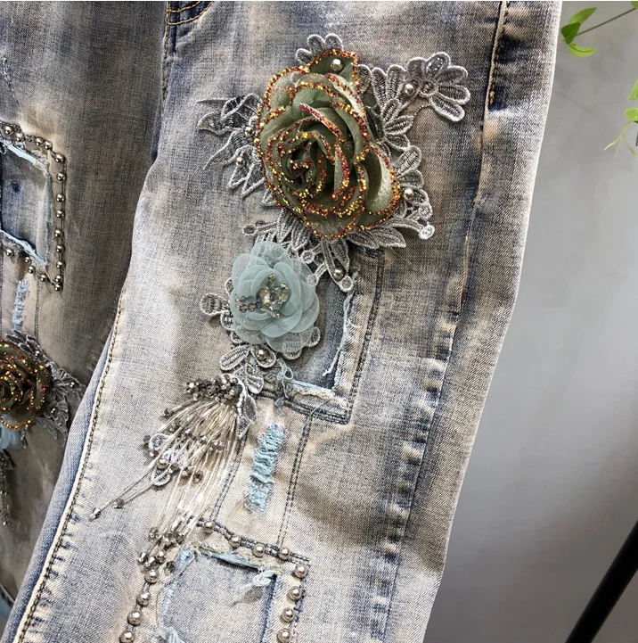 Европейский Джинсовый комплект из 2 предметов, женские костюмы, новинка, 3D цветок, горячая тиснение, кисточка, бисер, стрейч, короткая джинсовая куртка+ длинные джинсы, костюм