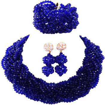 

Beautiful Royal Blue Crystal Beaded Necklaces Costume Nigerian Wedding African Beads Jewelry Set for Women 12BZ15