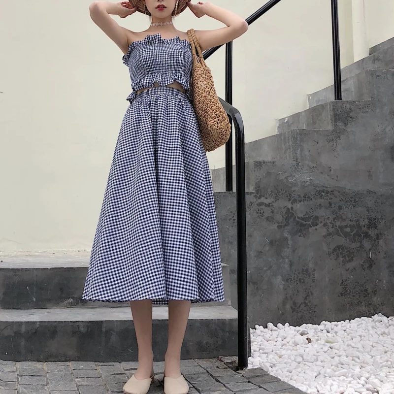 

SMSS New Korean Style Strapless Crop Tops Long A Line Skirts 2019 Summer Two Piece Set High Waist Pleated Costumes For Women XXL