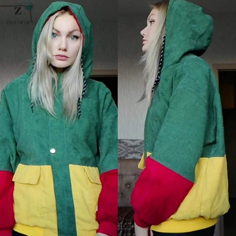 corduroy color block drawstring hooded jacket