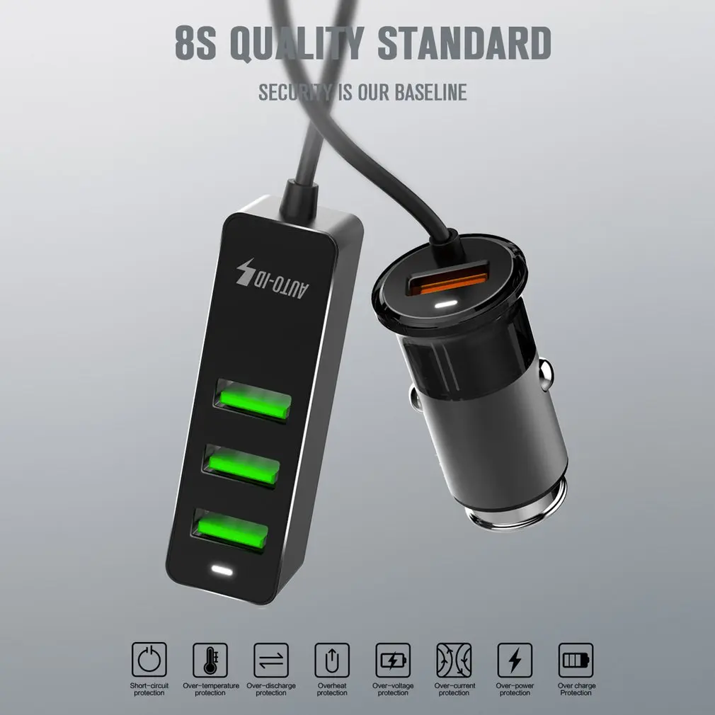 4 порта USB Автомобильное зарядное устройство QC3.0 быстрое зарядное устройство Универсальный USB быстрый адаптер с 120 см удлинитель Кабель для