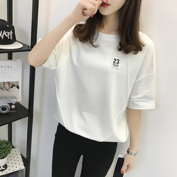 

2019 summer new Korean version plus size t-shirt female loose short-sleeved strapless women's shirt cotton commuter solid color