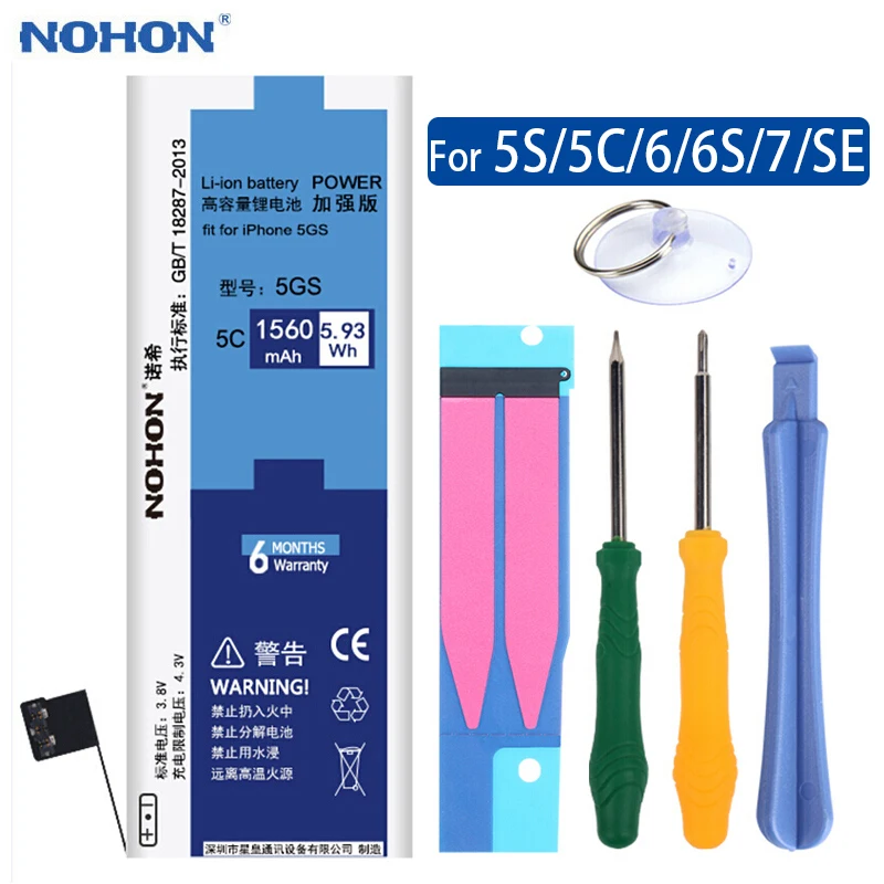 

High Quality Original NOHON Battery For Apple iPhone 5S 5C 6 6S 7 SE 6G Replacement Batteries Real Capacity Bateria Free Tools