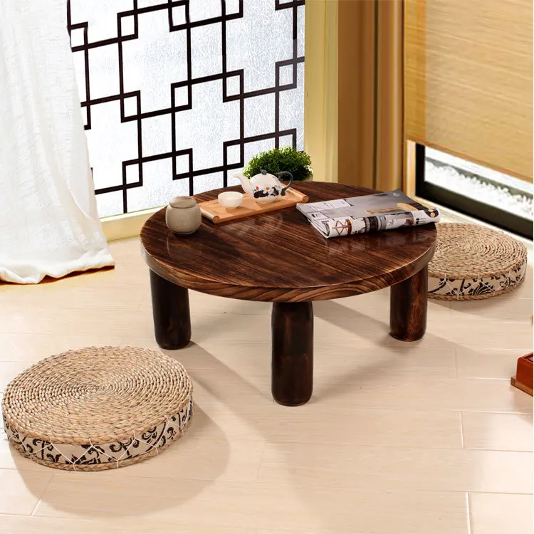Japanese Antique Small Round Table 60cm Paulownia Wood Traditional Asian Furniture Living Room Low Floor Coffee Table Wooden