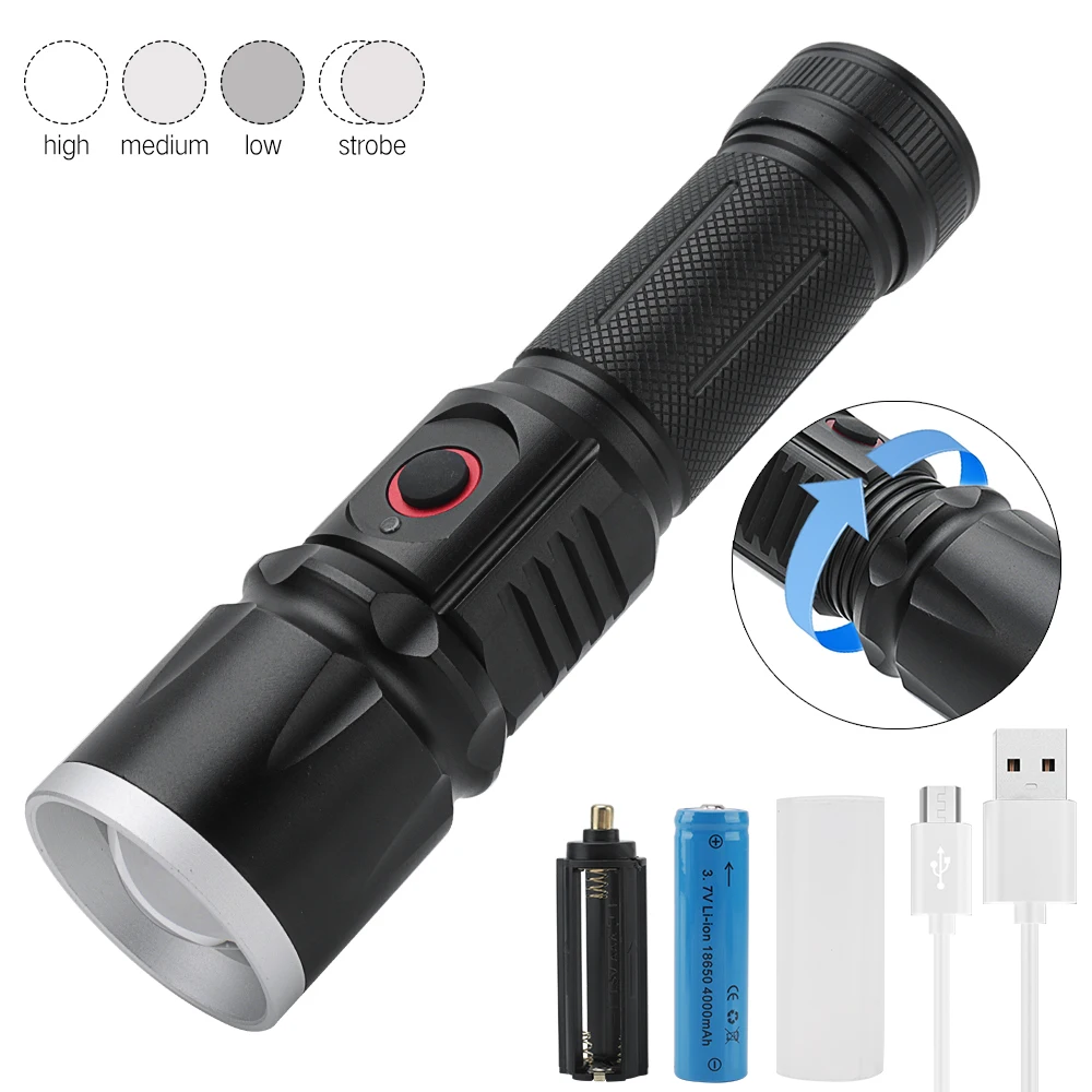

BORUIT XM-L2 LED Flashlight 4-Mode USB Rechargeable Waterproof High Power Portable 4 Modes Zoomable Camping Equipment Torch lamp