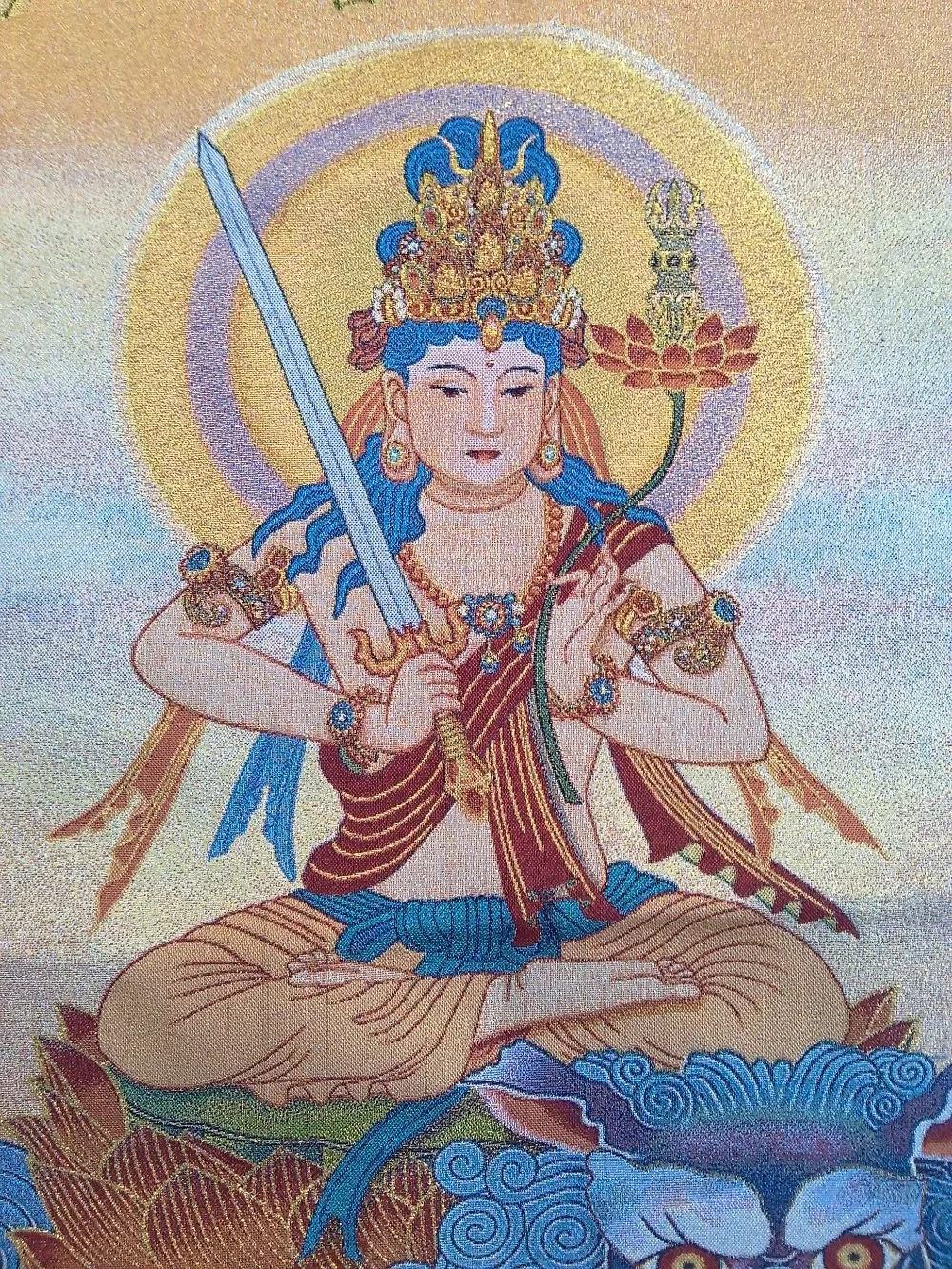 Китайская тибетская уникальная шелковая вышивка Tang card парча картина Bodhisattva Manjusri Статуэтка домашний декор украшения ручной работы