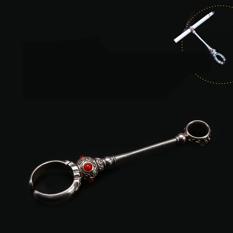 A Ring Finger Holder Винтажный держатель для сигарет из стерлингового серебра, инкрустированный коралловый держатель для сигарет, для обычного курения, портативный мужской гаджет - Цвет: A Ring Finger Holder